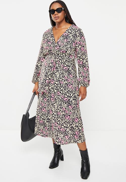 Me&B - Plus Tie Front Midi Dress  - black & white floral