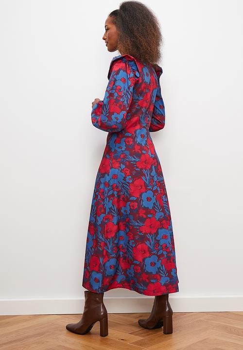 edit - Ruffle detail midi dress - blue painterly floral