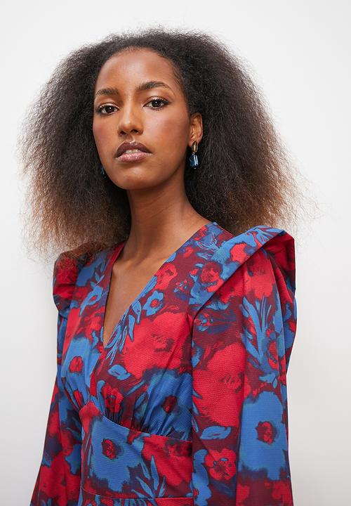 edit - Ruffle detail midi dress - blue painterly floral