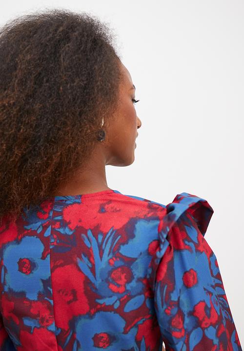 edit - Ruffle detail midi dress - blue painterly floral