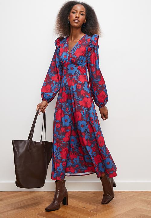 edit - Ruffle detail midi dress - blue painterly floral
