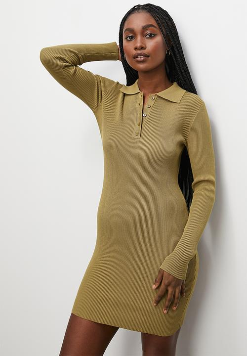 Blake - Golf collar rib column dress - olive