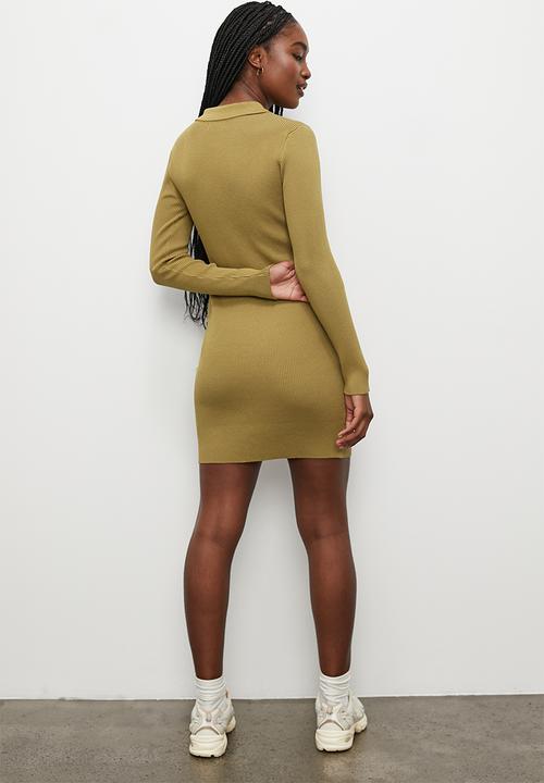 Blake - Golf collar rib column dress - olive