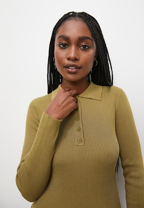 Blake - Golf collar rib column dress - olive