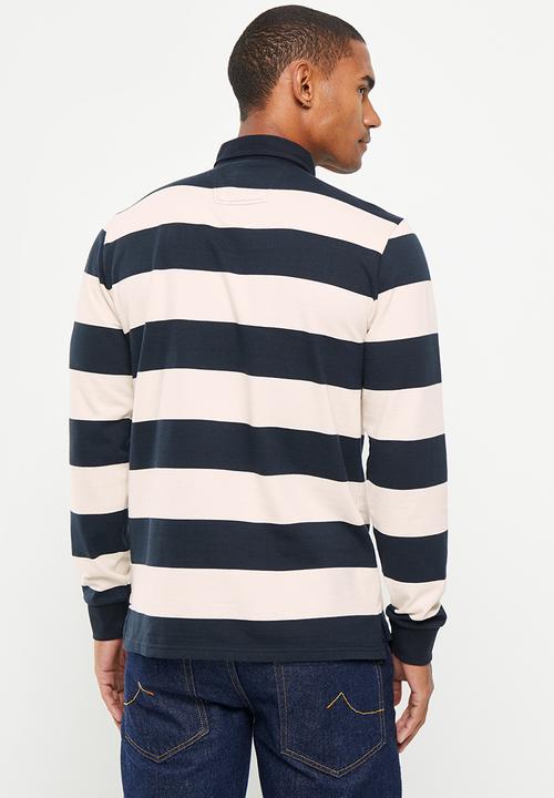 POLO - Mens rugby stripe long sleeve golfer - navy & white