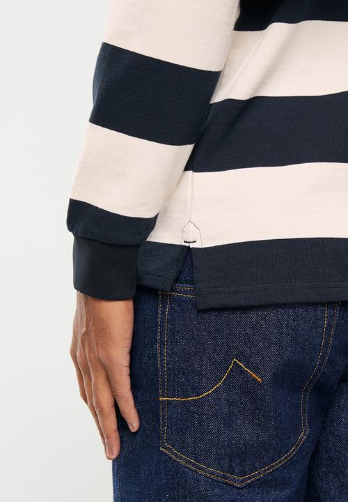 POLO - Mens rugby stripe long sleeve golfer - navy & white