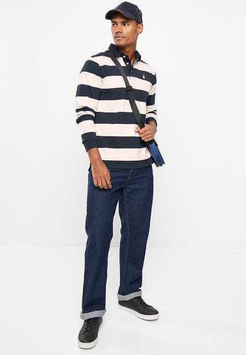POLO - Mens rugby stripe long sleeve golfer - navy & white