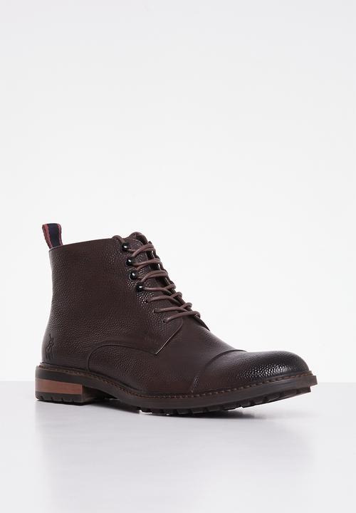 POLO - Pebbled lace up leather boot - brown
