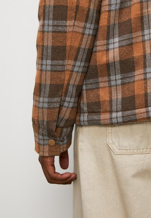 STYLE REPUBLIC - Check flannel sherpa lined utility shacket - check browns