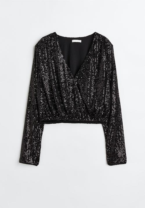 H&M - Sequined wrapover blouse - black/sequins