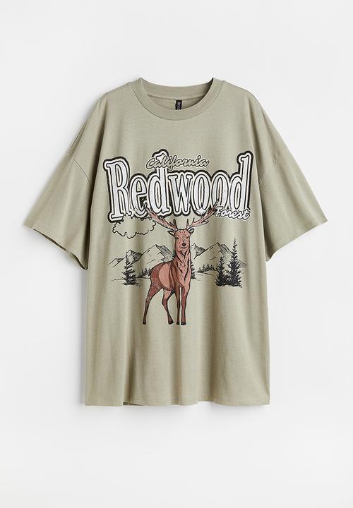 H&M - Oversized printed T-shirt - light khaki green/redwood