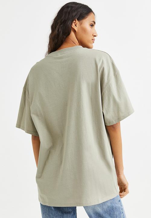 H&M - Oversized printed T-shirt - light khaki green/redwood