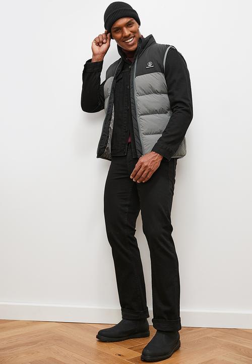Lark & Crosse - Mason sleeveless colourblock puffer jacket - black & grey
