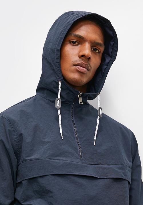 Lark & Crosse - Hooded rib stop poplin 1/4 zip pullover lightweight jacket - navy