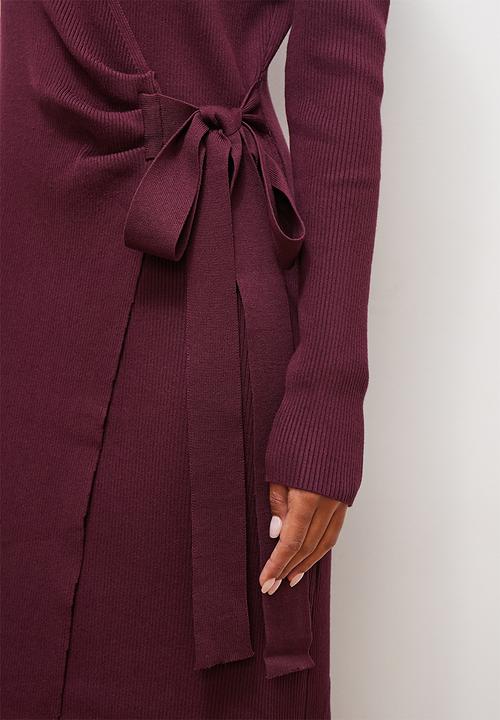 edit - Collar wrap knitwear midi dress - eggplant