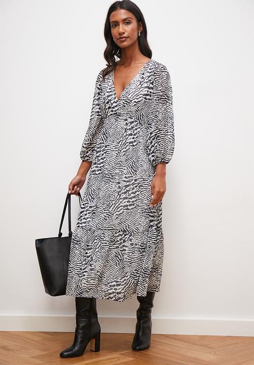 edit - Chiffon fit & flare balloon sleeve midi dress - animal print