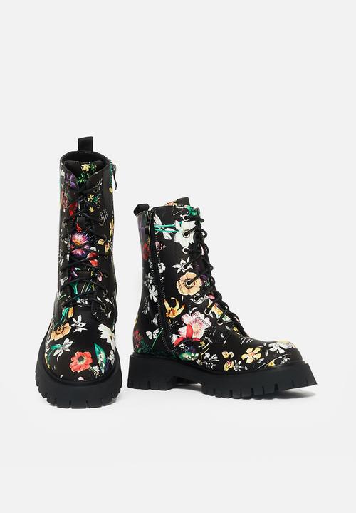 Koi Footwear - Garden games print boot - black floral