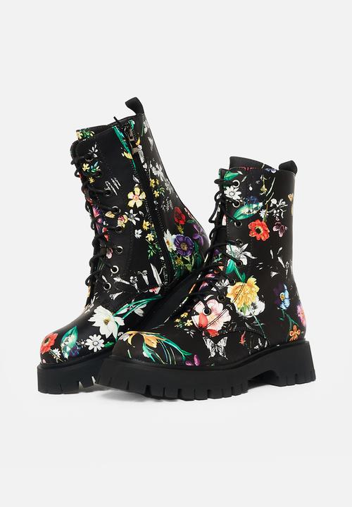 Koi Footwear - Garden games print boot - black floral