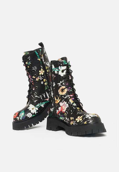 Koi Footwear - Garden games print boot - black floral
