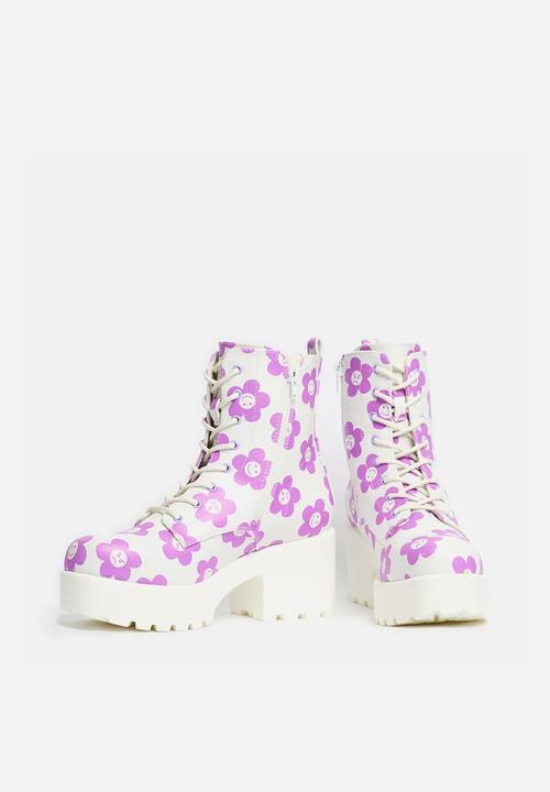 Koi Footwear - Minor miracle platform military boot - white/purple flowers