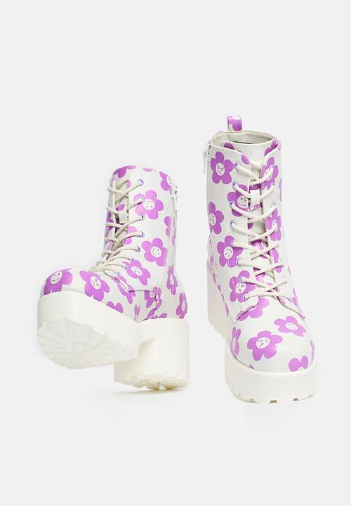 Koi Footwear - Minor miracle platform military boot - white/purple flowers