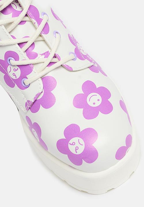 Koi Footwear - Minor miracle platform military boot - white/purple flowers