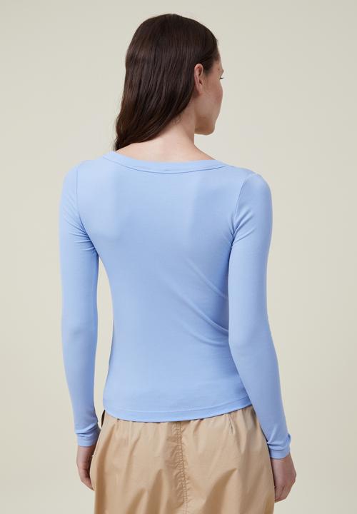 Cotton On - Staple rib scoop neck long sleeve top - blue chalk