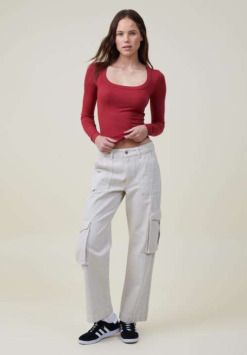 Cotton On - Staple rib scoop neck long sleeve top - ruby red