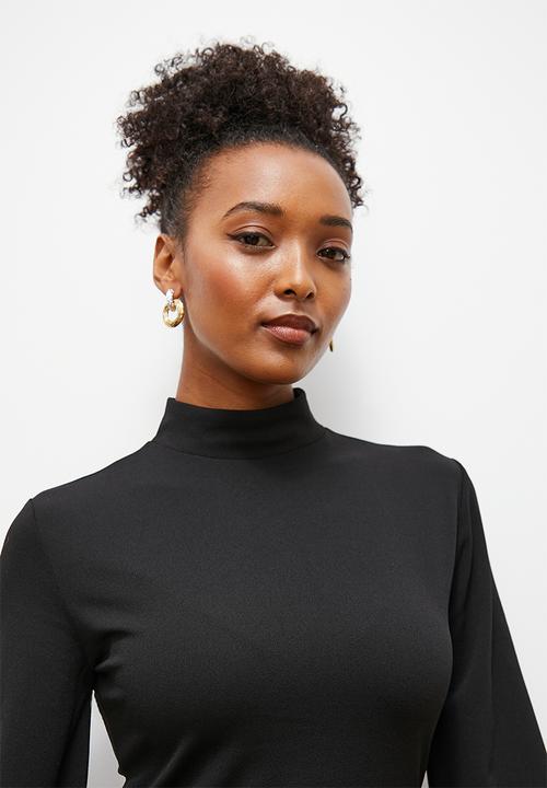 edit - Crepe knit turtle neck jumpsuit with balloon sleeve - black
