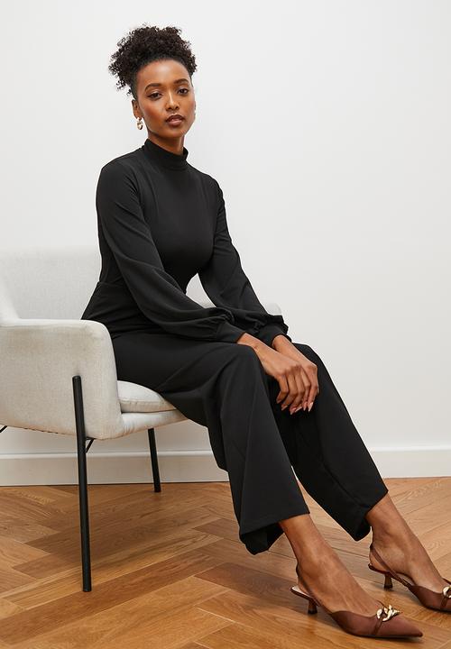 edit - Crepe knit turtle neck jumpsuit with balloon sleeve - black