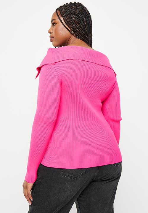 Trendyol - Plus boat neck thin knitwear blouse - fuchsia