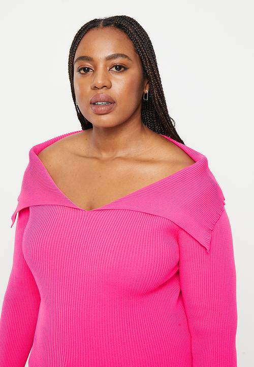 Trendyol - Plus boat neck thin knitwear blouse - fuchsia
