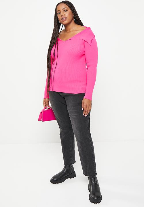 Trendyol - Plus boat neck thin knitwear blouse - fuchsia