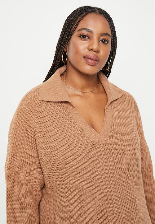 Trendyol - Plus shirt collar sweater - camel