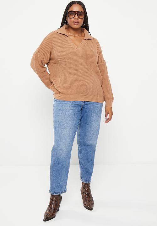 Trendyol - Plus shirt collar sweater - camel