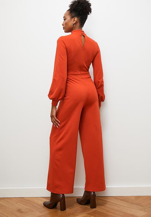 edit - Crepe knit turtle neck jumpsuit with balloon sleeve - earth red
