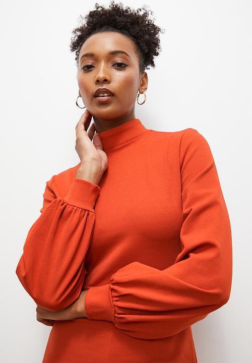 edit - Crepe knit turtle neck jumpsuit with balloon sleeve - earth red
