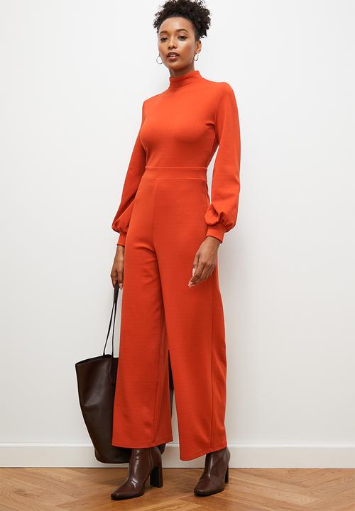 edit - Crepe knit turtle neck jumpsuit with balloon sleeve - earth red