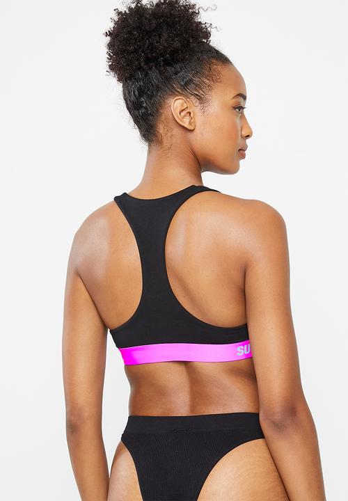 Superdry. - Offset logo crop bralette - black & lolly pink