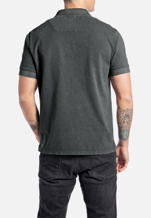 Replay - Piqué polo shirt with print - charcoal