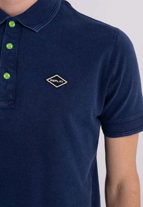 Replay - Piqué polo shirt with print - navy blue
