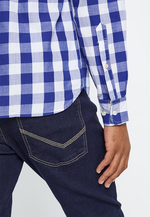 Aca Joe - Mens aca joe long sleeve check embroidery - dress blue