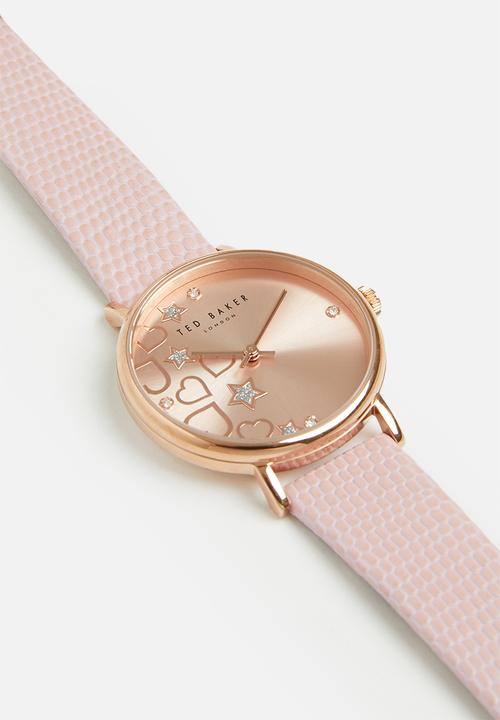 Ted Baker - Sst rose-gold case pink sunray dial with crystals at quarters bangle bracelet