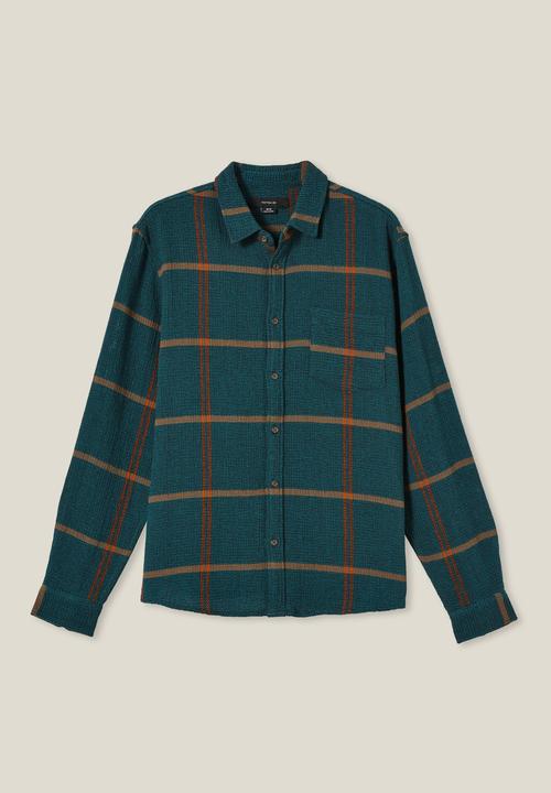 Cotton On - Portland long sleeve shirt - teal gauze check