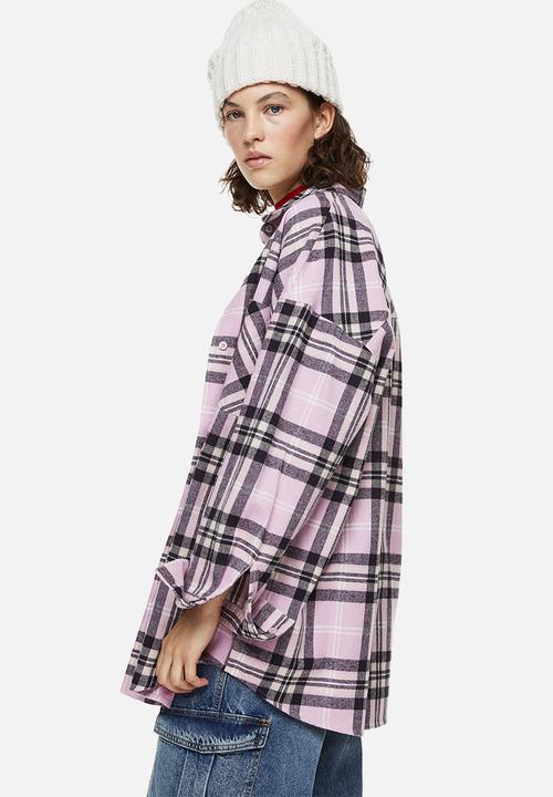 H&M - Oversized flannel shirt - light pink/black checked