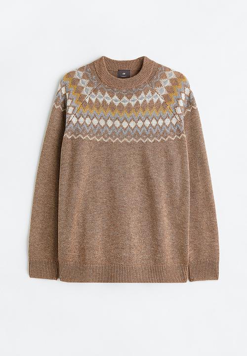 H&M - Relaxed fit jacquard-knit jumper - dark beige/patterned