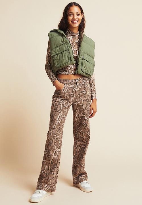 H&M - Wide twill trousers - brown/snakeskin-patterned