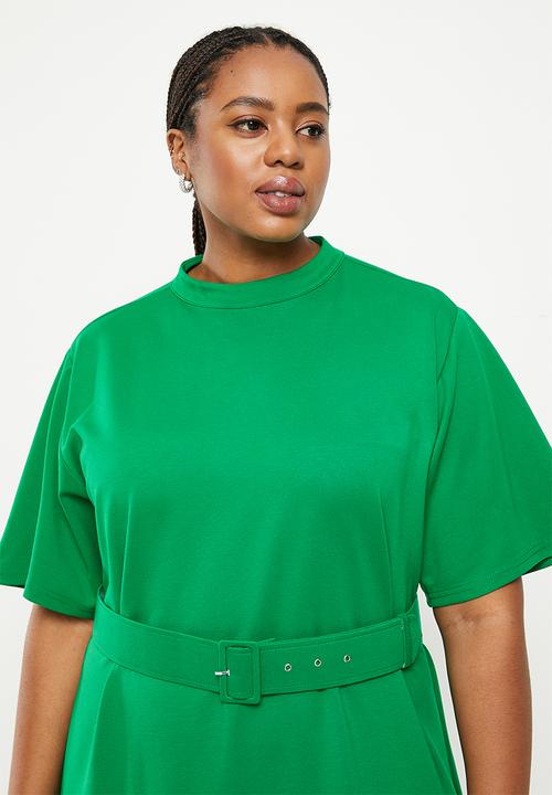 Me&B - Plus ponti belted turtle neck dress - green