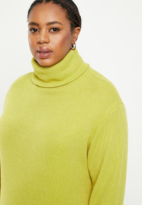 Me&B - Plus luxe rib poloneck dress - chartreuse
