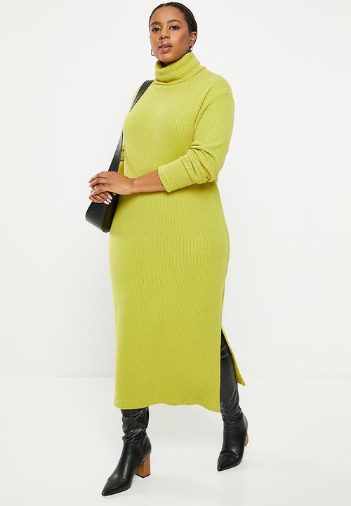Me&B - Plus luxe rib poloneck dress - chartreuse